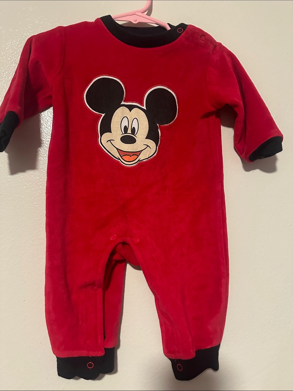 Disney Red Mickey Mouse Velour Footed One-Piece with Black Trim